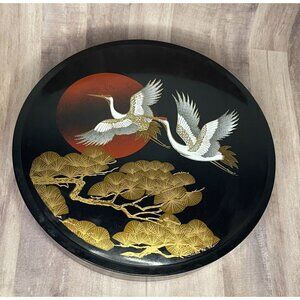 Vtg Black Gold Cranes Lacquerware Sushi Kit SET 27 pc Japan Box Round Lid 12.5"